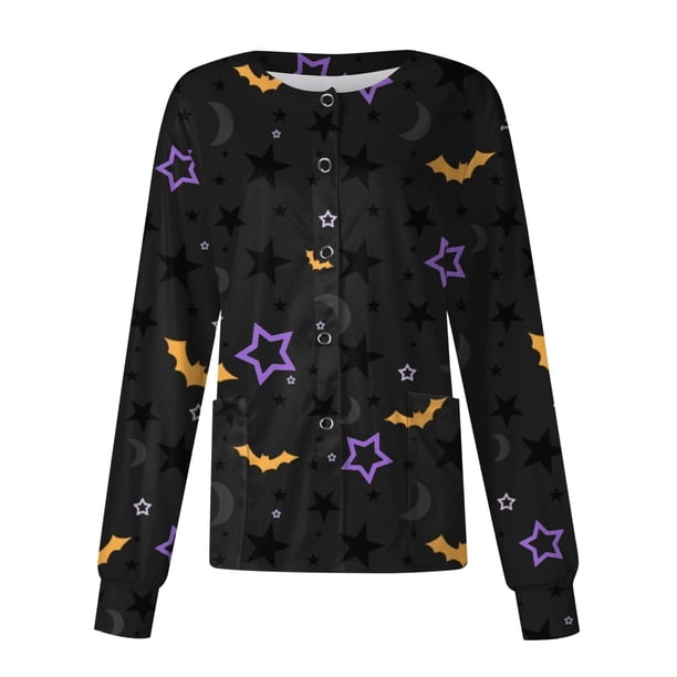 Women Long Sleeve Pattern Pocket Working Halloween Print Stand-up Collar Single-breasted Protective Overalls Cardigan Jacket Top