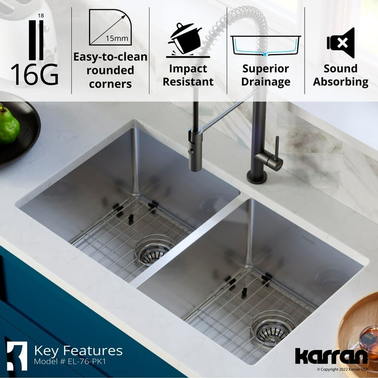 USA | QU-710-Undermount Quartz Composite 32 Inch Double Bowl 50/50 Kitchen Sink Kit In Grey