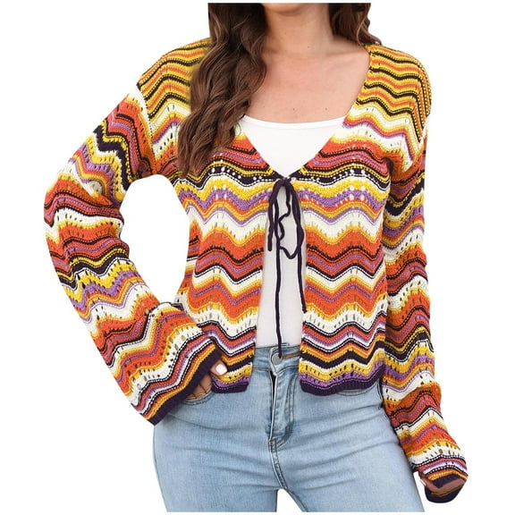 hotojiny Womens Color Block Cardigan Long Sleeve Open Front Casual Knit Sweaters Coat Soft Fashion Outwear Fall