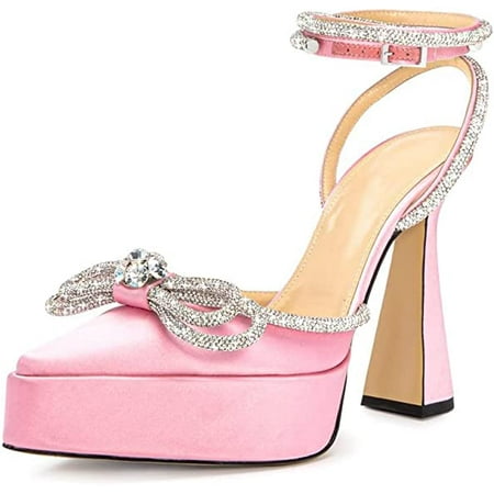 

THE SHY Women s Rhinestone Bow Platforms Diamond Ankle Strap Pumps Chunky Heel Wedding Slingback Pump