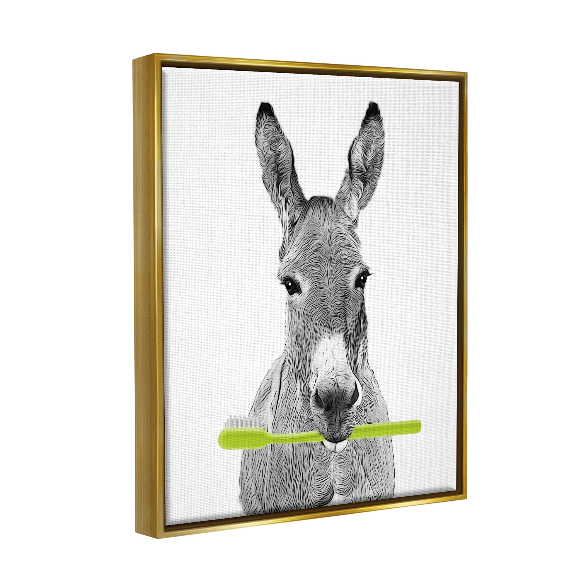 Stupell Industries Donkey Toothbrush Funny Animal Animals & Insects Painting Gold Floater Framed Art Print Wall Art