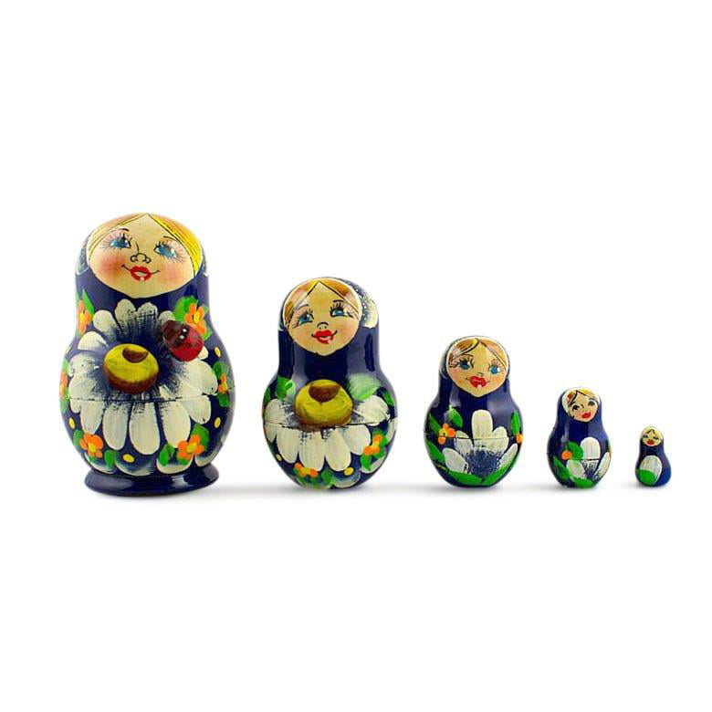 BestPysanky 5 Girls with Daisy Flowers & Blue Skirt Wooden Russian Nesting Dolls 6 Inches