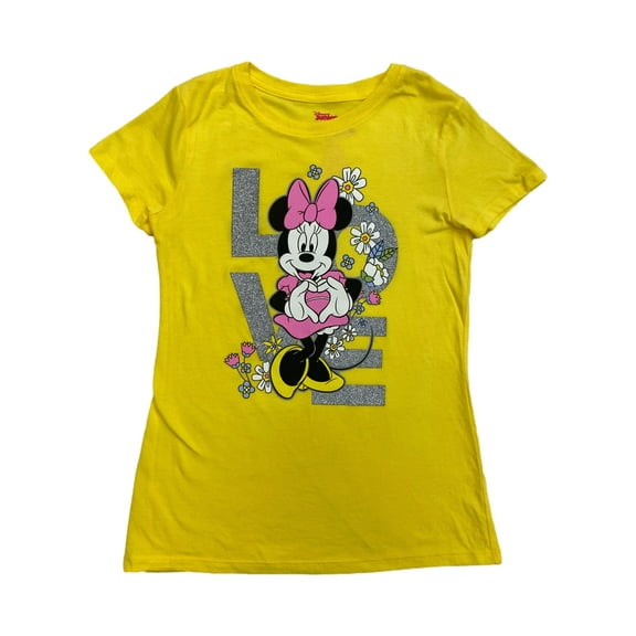 Disney Girls Yellow Sparkle Minnie Mouse Love Tee Shirt T-Shirt Small (6-6X)