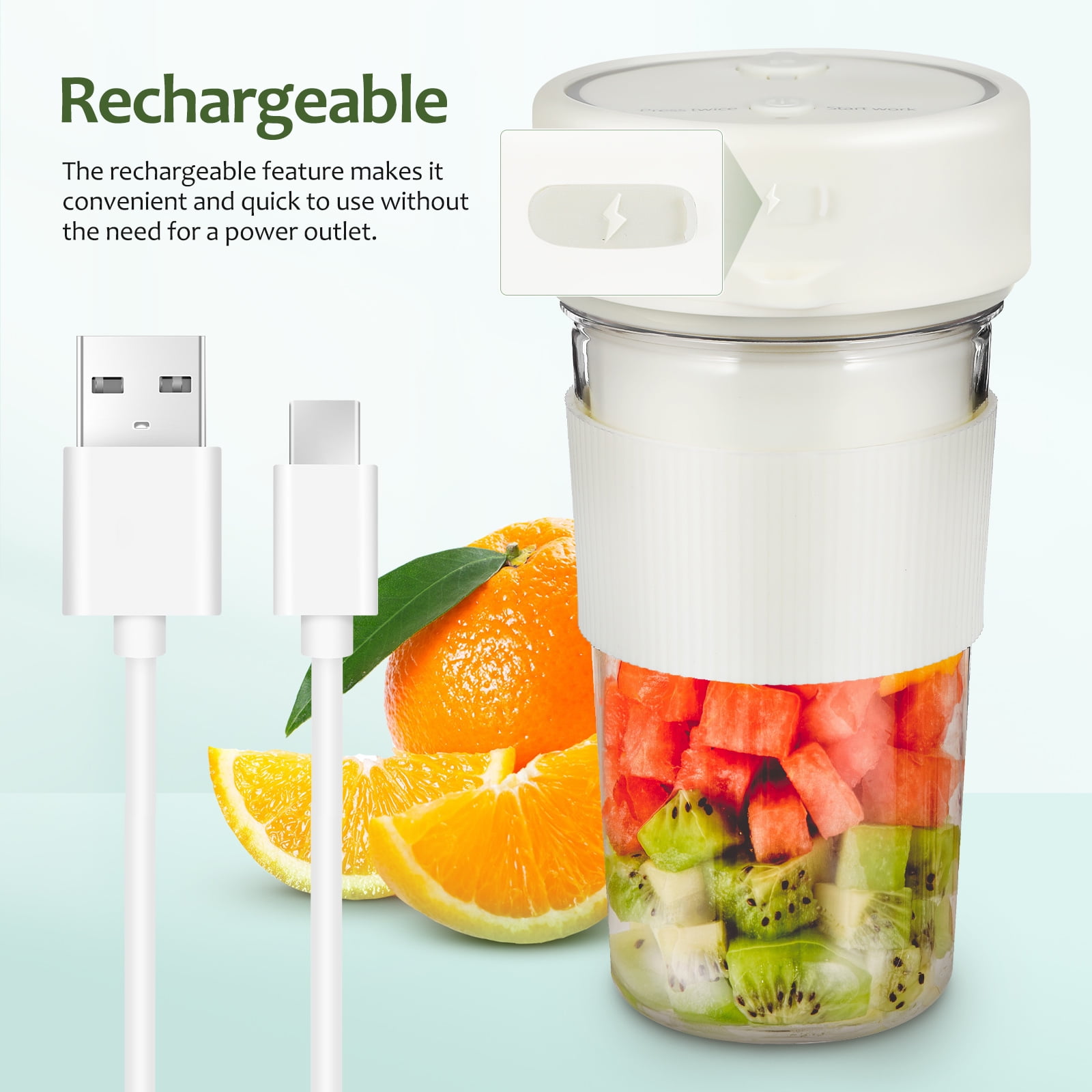 Toyandona Compact Rechargeable Travel Juicer, White, Efficient Motor, Leak-Proof Lid, 2Pcs