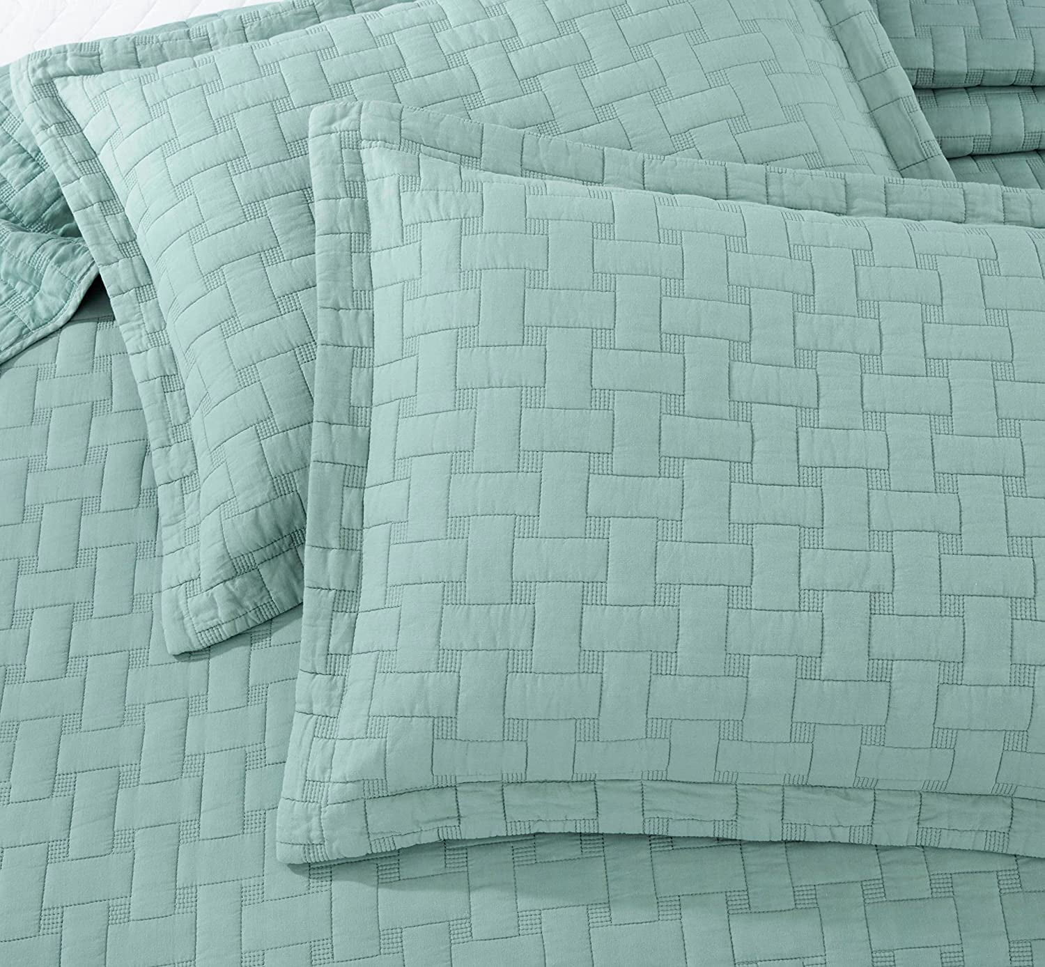 Chezmoi Collection Vert 3-Piece 100% Cotton Quilt Set Queen Size, Aqua, Modern Basketweave Stitched Quilt Lightweight Washed Cotton Bedspread for All Season