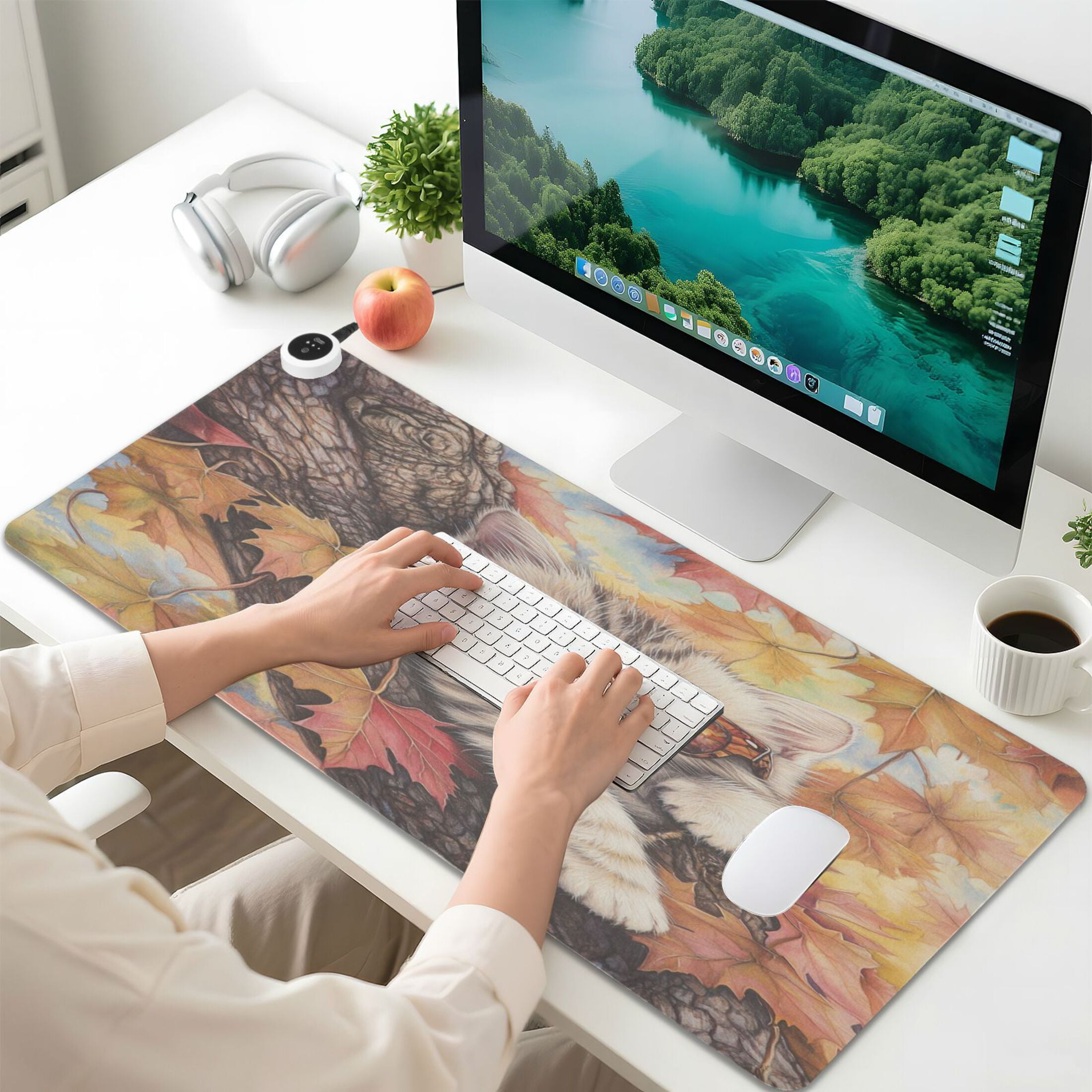 Wobogo Maple Leaf Cat Heated Mouse Pad Extra-Large Desk Mat With 3 Heating Levels and 3-hour Auto Shut-Off Protection Ideal for Computer Keyboards Home Office Hand-warming Essential 31.5in × 13in