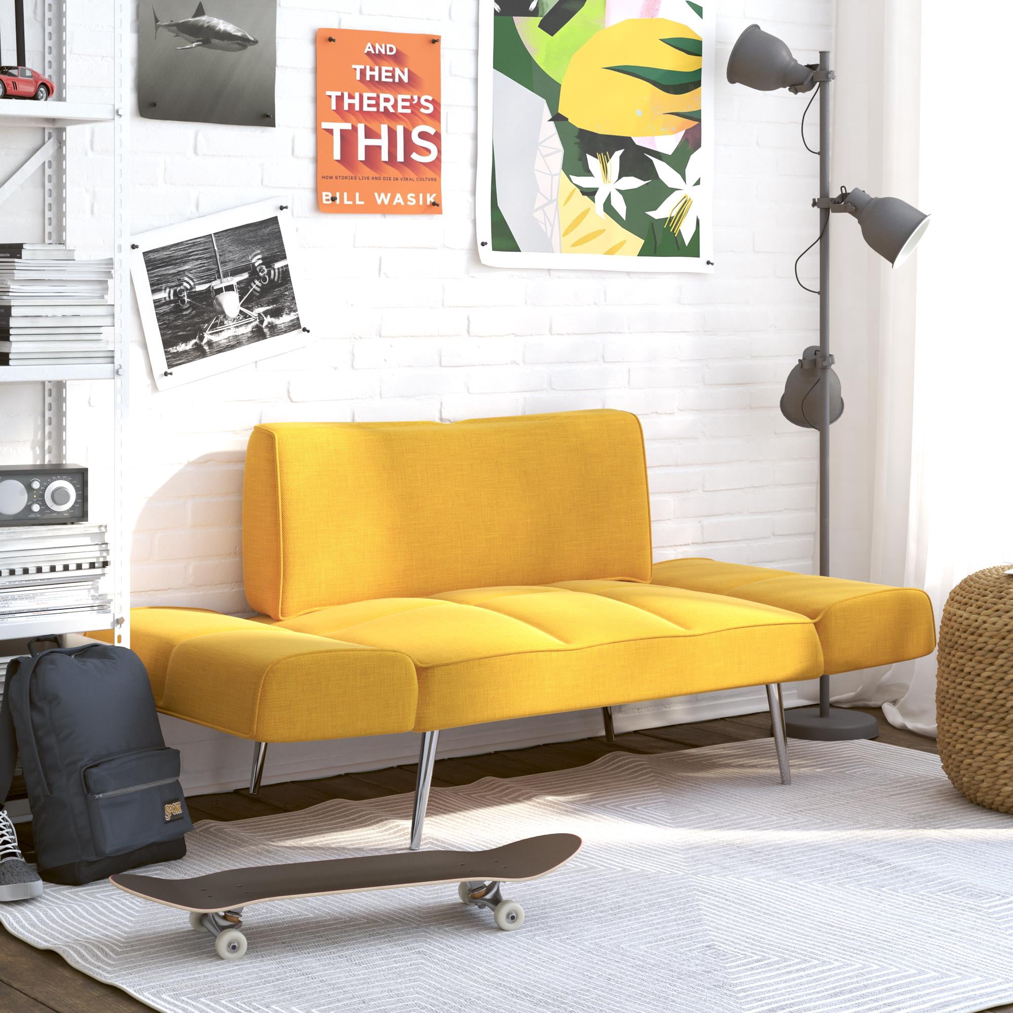 DHP Euro Upholstered Futon with Magazine Storage, Mustard Yellow