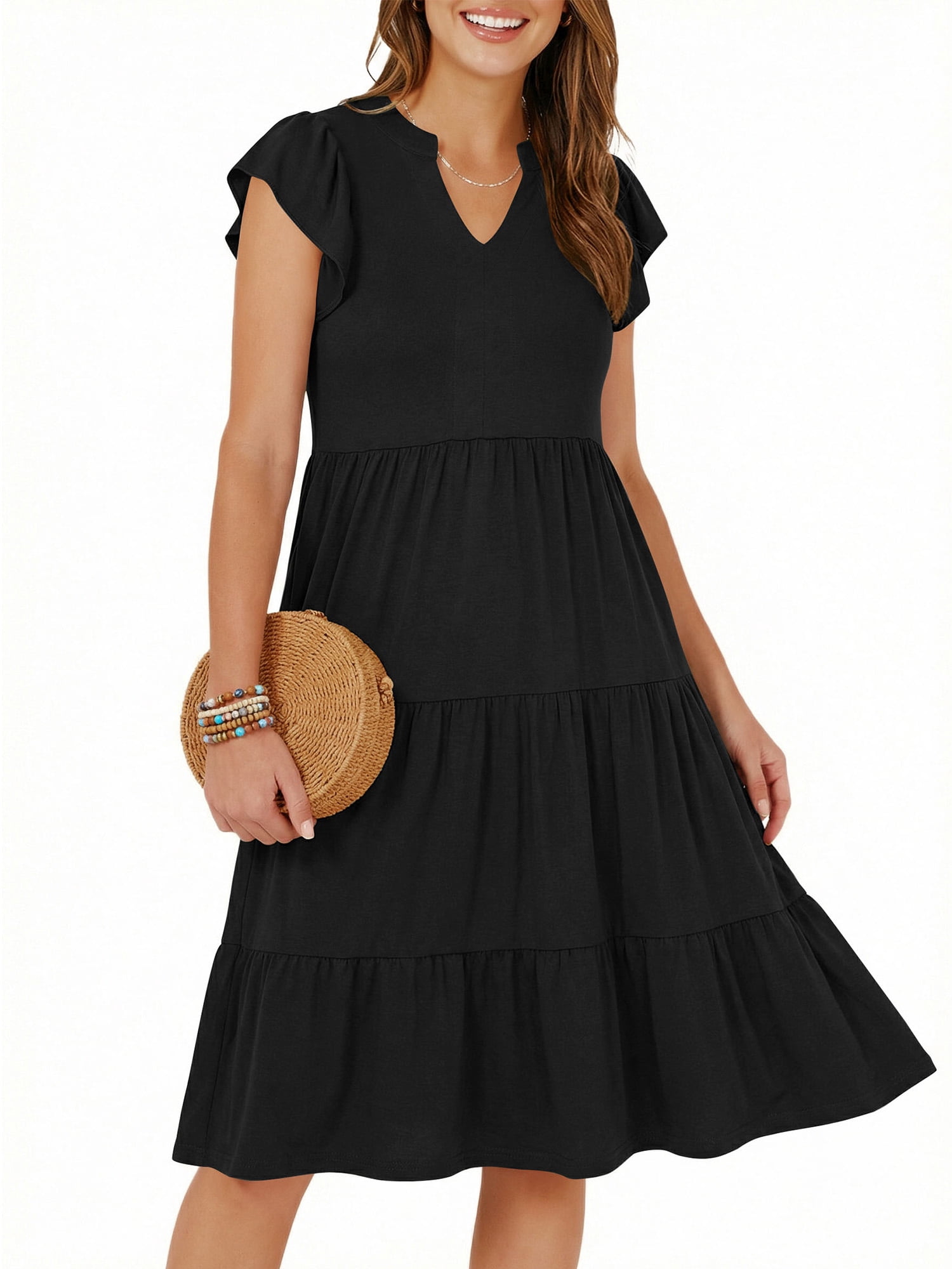 UVN Summer Dresses for Women Ruffle Sleeve V Neck Midi Dress Casual Beach Sundress with Pockets