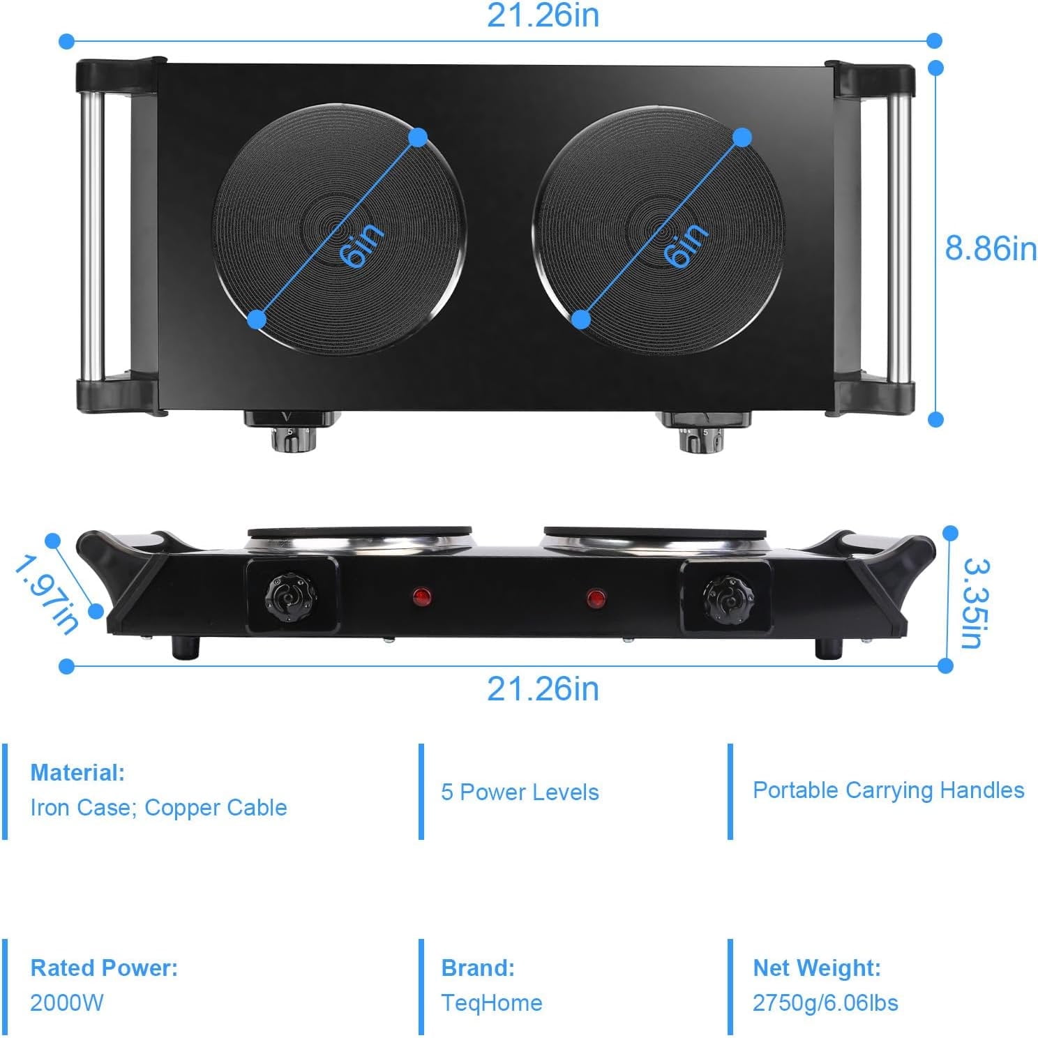 Electric Double Burner,2000W Hot Plate for Cooking,Electric Stove Burner, Dual Coil Portable Stove for Home Dorm Office Kitchen Camping, Electric Cooktop Compatible of All Cookware, Black
