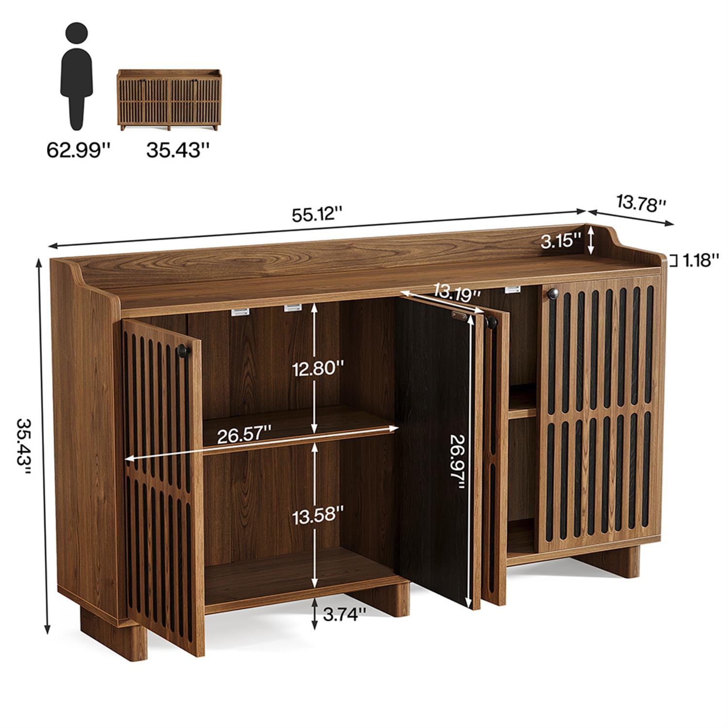 Demi Bonn 55" Sideboard Buffet Storage Cabinet with Adjustable Shelves, Farmhouse Credenza Accent Cabinet for Kitchen Entryway Living Dining Room, Brown