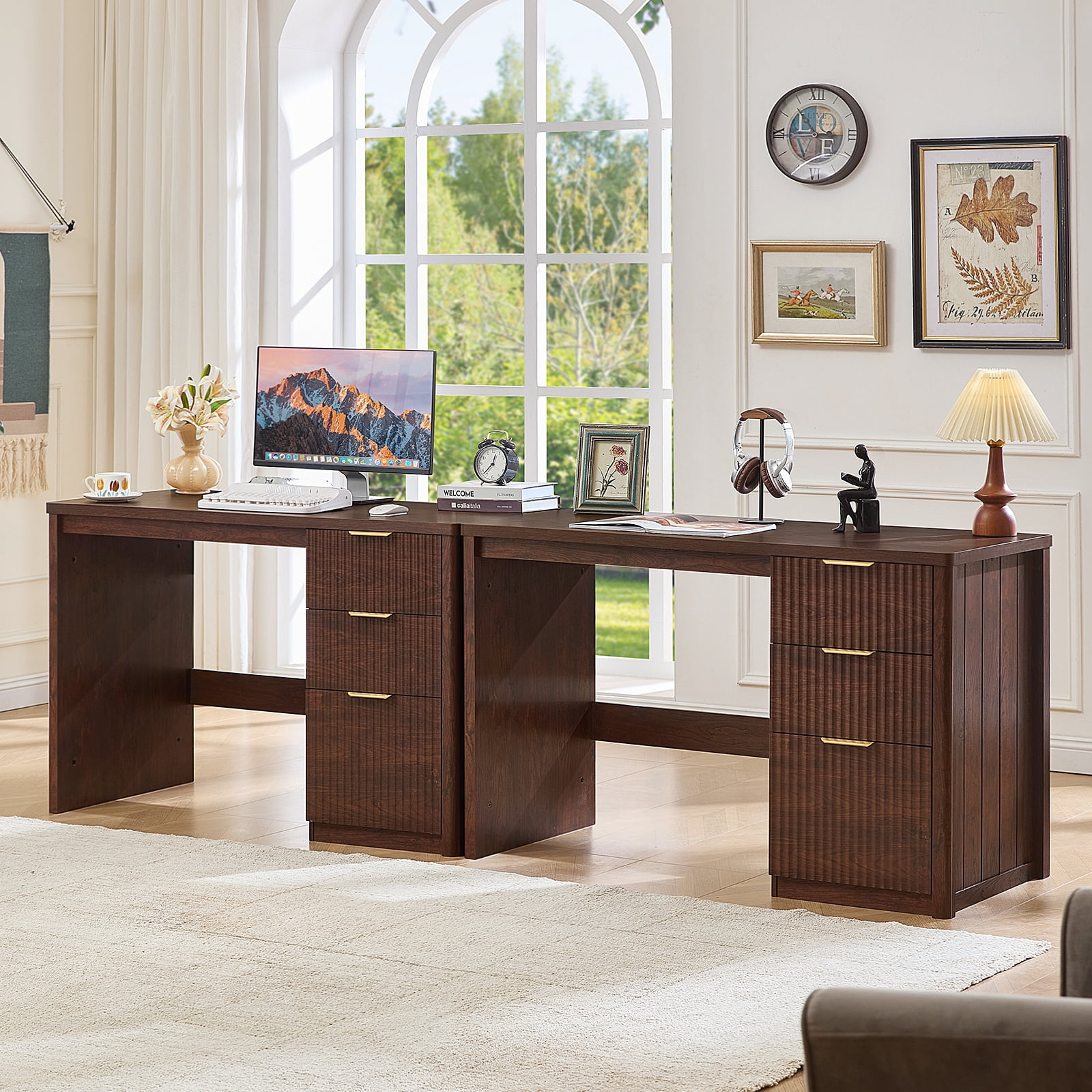 Fluted Executive Desk, 48" Modern Wood Home Office Desk with File Drawer & Metal Handles, Computer Writing Desk, Walnut