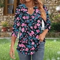 thumbnail image 5 of JTZGDY Womens 3/4 Sleeve Tops Dressy Casual Floral Printed Fall V Neck Outfit Graphic T-Shirts Trendy 2025 Basic Ruched Pleated Fall Tunic Blouse for Leggings Blue#01 L, 5 of 7