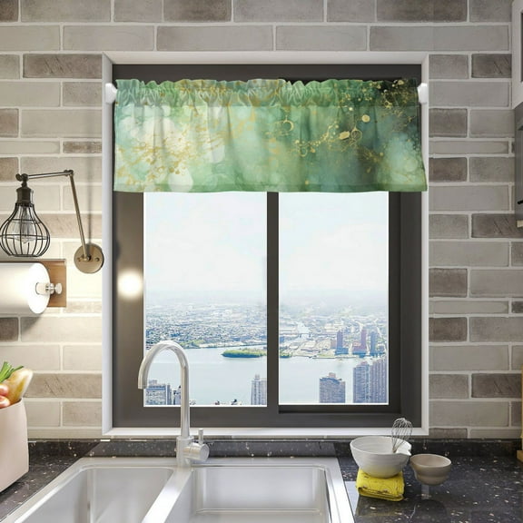 Emerald Green and Gold Marble Valance Curtains 54"x18" Rod Pocket for Kitchen Living Room Windows Farmhouse Decor