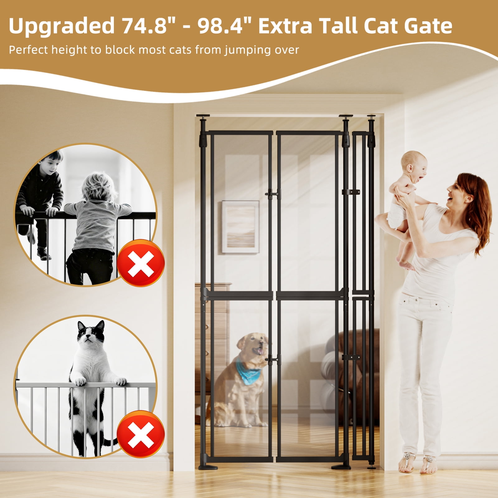 74-98" Extra Tall Cat Gate, 33.86-41.34, Transparent Double Doors, No Drilling Pressure Mount Pet Gate for Doorways/Stairs/Kitchen/Home, Auto Close, Black