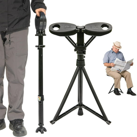 ALEVMOOM Canne de Marche Améliorée avec Siège, Capacité de 550 Lb Chaise Canne Pliable pour Adultes, Sièges Portatifs pour Aînés, Bâton de Transport Facile pour la Randonnée, les Voyages, le Camping (Noir)