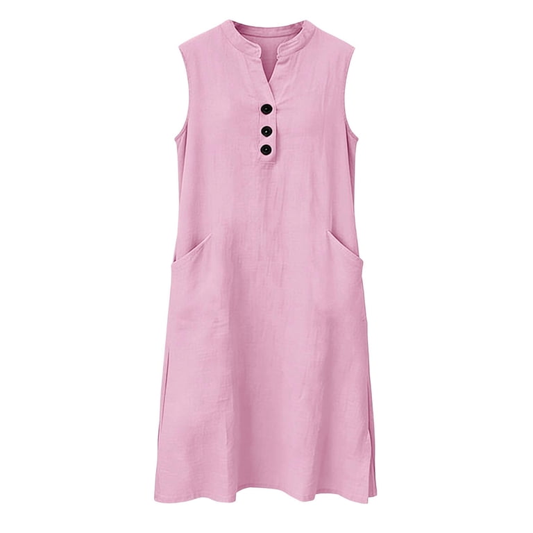 ladies mix dress QNANSPI Women's Long Dresses, Linen Dresses for Ladies, Women's Solid Loose Casual Linen Mix Sleeveless V Neck Button Dress for Daily Casual Wear