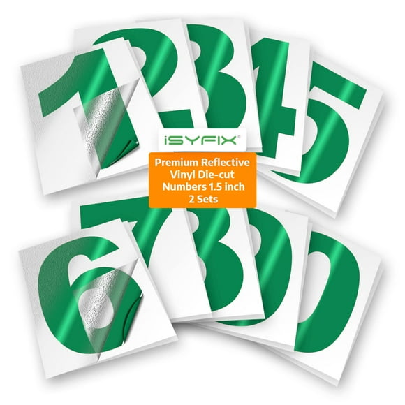 iSYFIX Autocollants de Numéros de Vinyle Vert Réfléchissant - (2 Ensembles) 1,5 Pouces - Premium Décalque Découpé et Pré-Espacé pour Boîte aux Lettres, Signes, Fenêtre, Porte, Voitures, Camions, Maison, Entreprise, Numéro d'Adresse, Intérieur / Extérieur