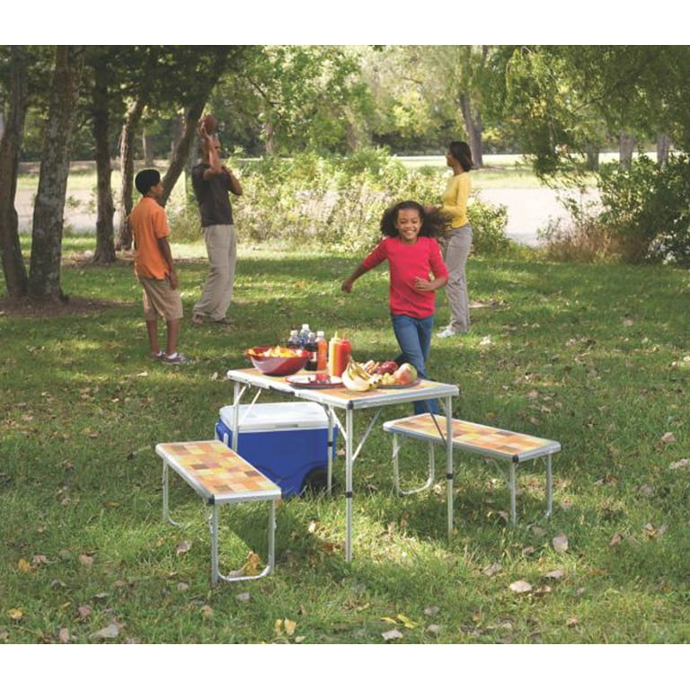 Coleman Pack-Away Portable Camping 4 Person Mosaic Picnic Table Set w/ Benches Coleman Pack-Away Portable Camping 4 Person Mosaic Picnic Table Set w/ Benches