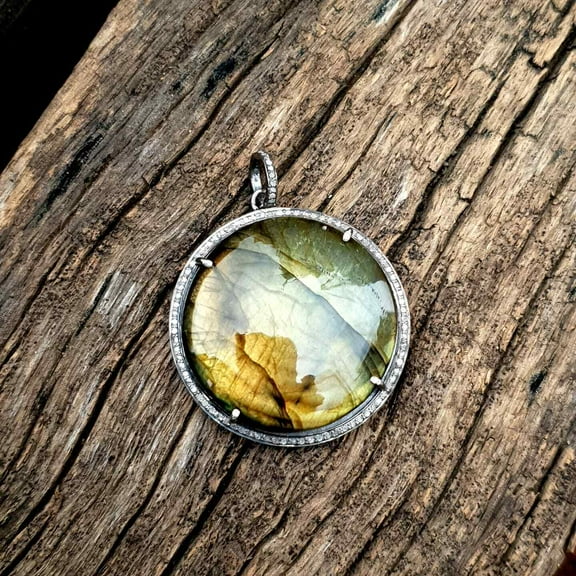 Labradorite Pendant 925 Silver Diamond Jewelry Labradorite Cabochon Pendant Gift