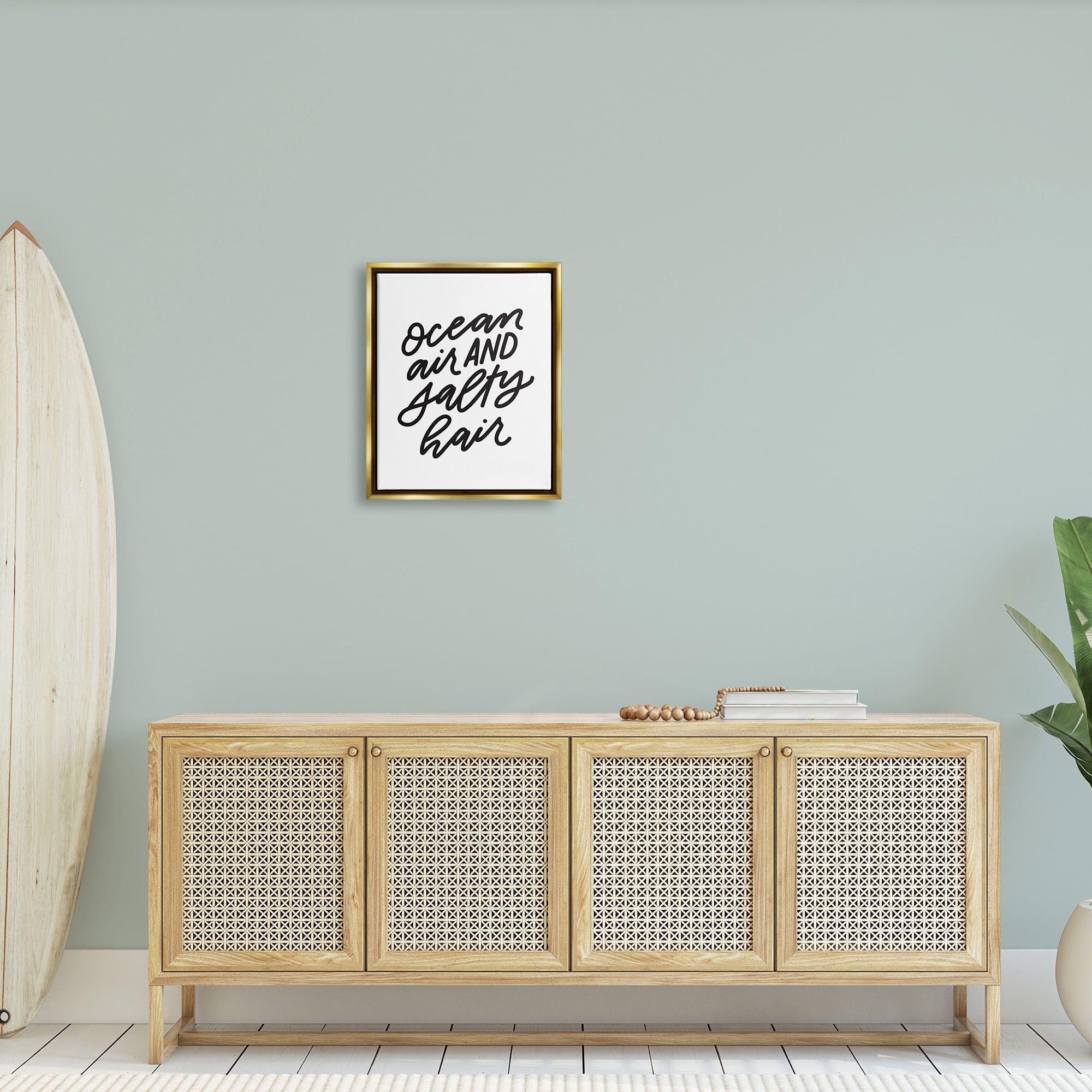 Stupell Industries Ocean Air Salty Hair Beach Lover Calligraphy Graphic Art Metallic Gold Floating Framed Canvas Print Wall Art, Design by Leah Bisch