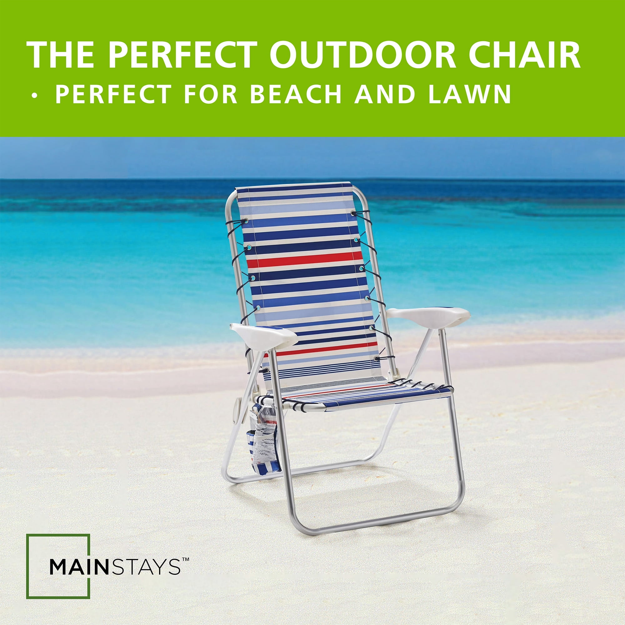 Mainstays Aluminum Bungee Reclining Fabric Beach Chair with Storage Pockets, Red White & Blue Stripe
