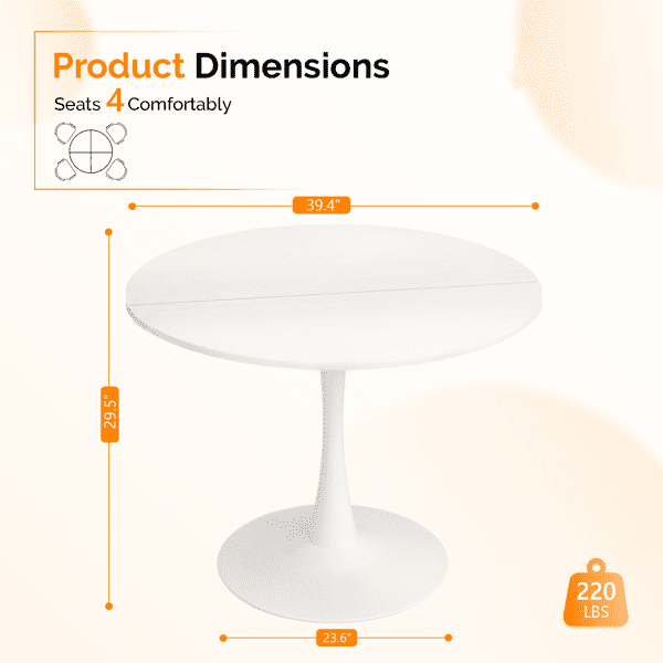 Round Tulip Dining Table, 39.4 Inch Dining Table for 4 People, Melamine Laminated MDF Tabletop with Metal Pedestal Base, Easy Assembly Kitchen Dinner Table for Dining Room, Home, Apartment, White