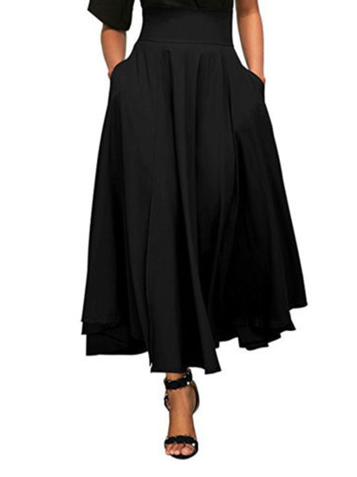 Women Full Length Skirt Flared Pleated Party Long Maxi Skirt High Waist Dress UK 