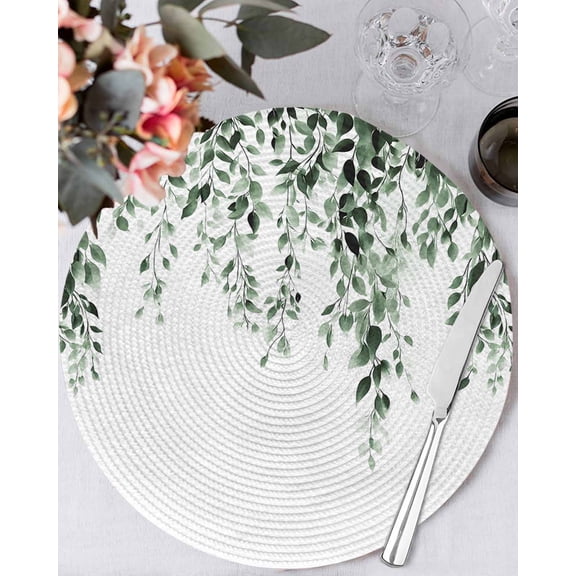 15 Inch Round Placemats Set of 6, Green Eucalyptus Non Slip Heat Insulation PP Table Mats, Weeping Botanical Leaf Watercolor Washable Place Mats for Kitchen Dining Party Table Decor