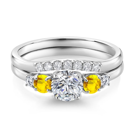 Gem Stone King 10K White Gold White Lab Grown Diamond and Yellow Sapphire 5 Stone Bridal Engagement Wedding Ring Set for Women (0.88 Cttw, Round: 5MM and 3MM, Size 6)