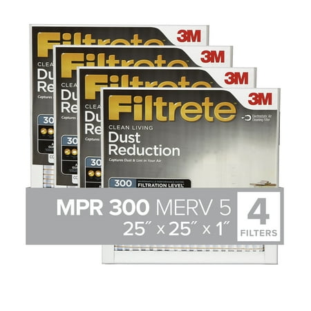 

Filtrete 25x25x1 Air Filter MPR 300 MERV 5 Clean Living Dust Reduction 4 Filters