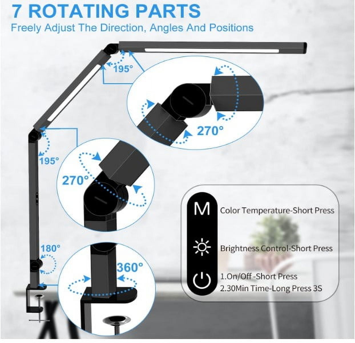 LED Desk Table Lamp with Clamp + Stand Base Interchangeable Swing Arm Eye Care