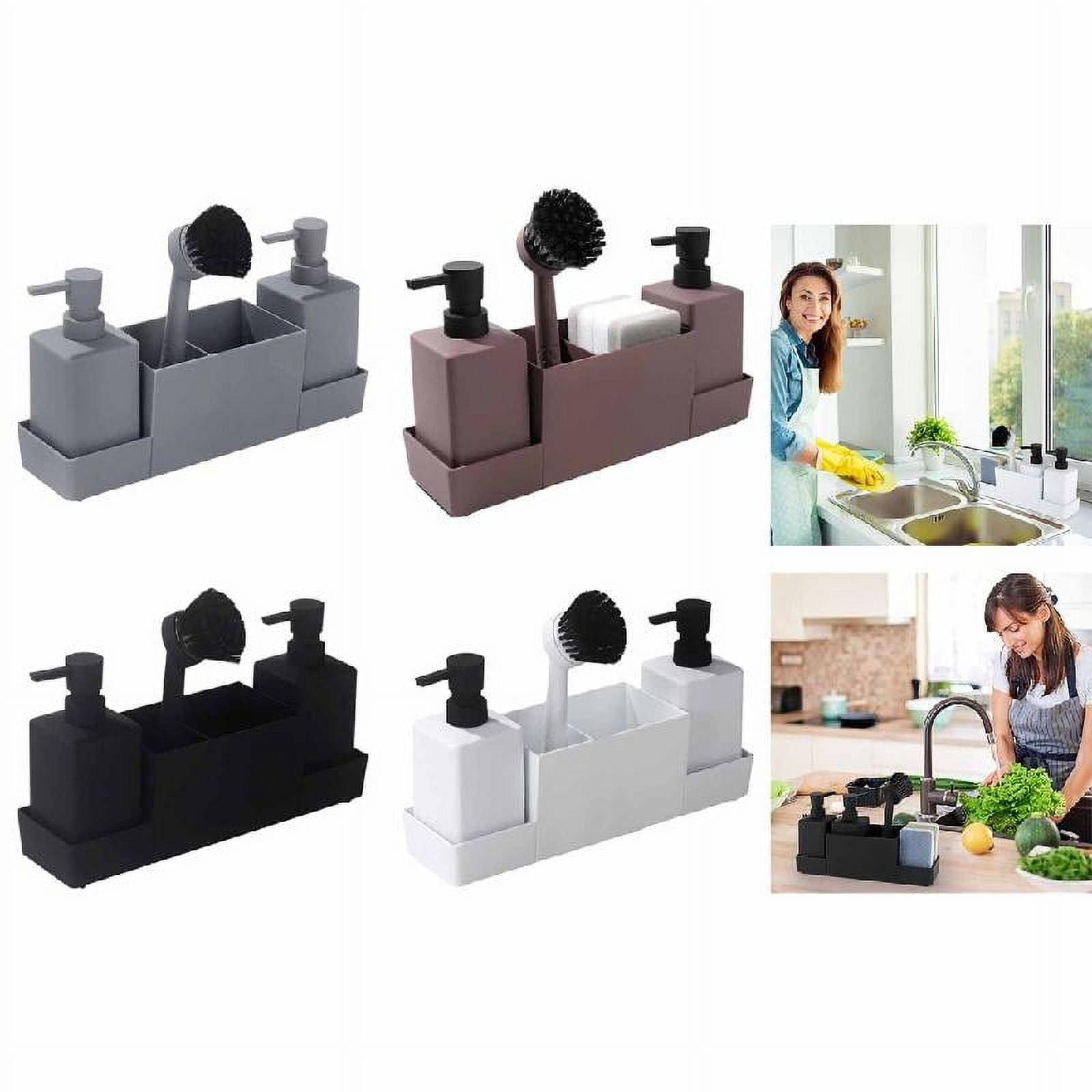 Kitchen Soap Dispenser with Sponge Holder and Storage Tray Cleaning Tool Rack