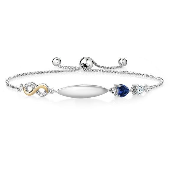 Gem Stone King 925 Silver and 10K Gold Infinity Lab Grown Diamond Engraved Initial ID Tennis Bracelet for Women Heart Shape Blue Created Sapphire and Moissanite (0.75 Cttw, Adjustable to 9 inch)