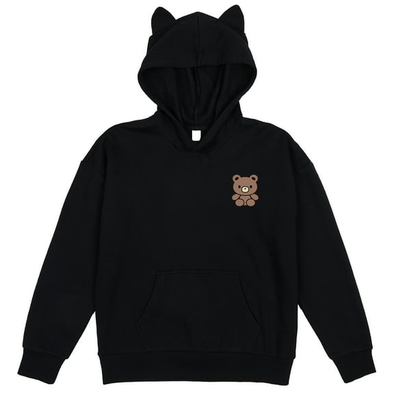 Teddy Bear Youth Black Long Sleeve Hooded Sweatshirt With 3D Ears-Medium
