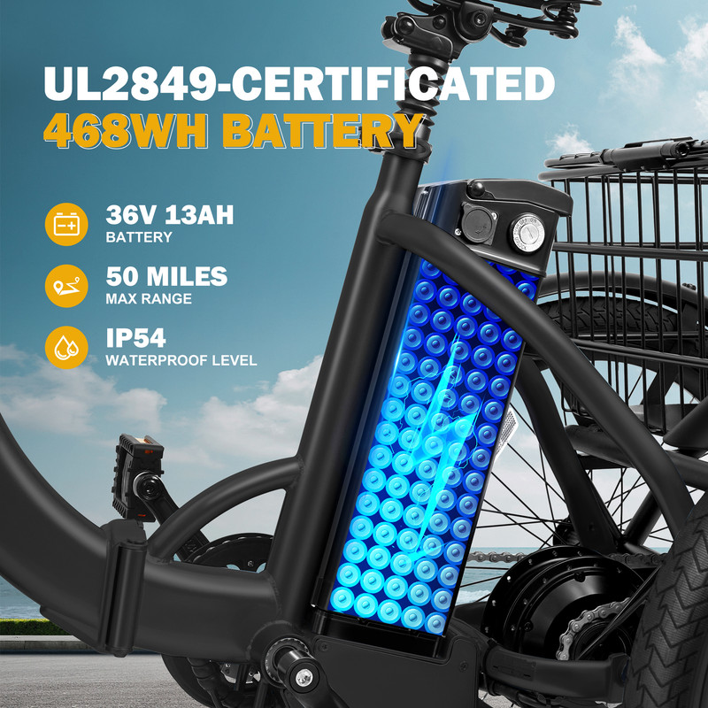 Qlife Electric Folding Tricycle for Adults - 750W Motor, 468Wh Battery, Step-Thru- Black
