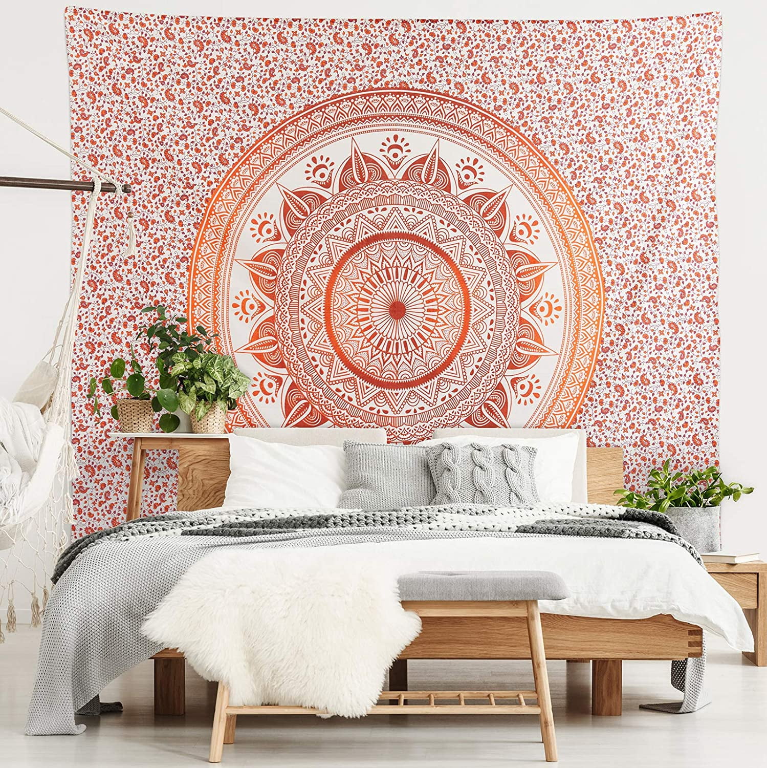 Americanflat Mandala Tapestry Wall Hanging - Boho Hippie Indie Colorful Decoration Artwork Blanket for Living Room, Bedroom, or College Dorm - Handcrafted in India 100% Cotton, Red Orange 90x102