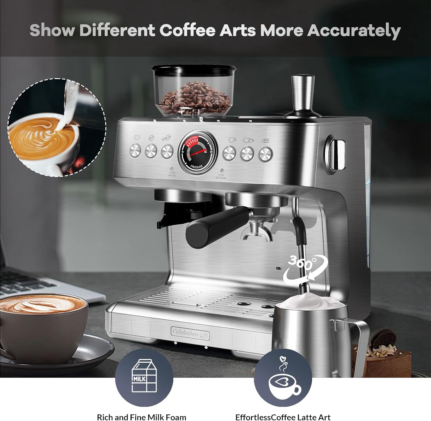 Professional Espresso Machine with Grinder - 20 Bar Semi-Automatic Coffee Maker with Milk Frother and Steamer Wand for Latte, Cappuccino, Macchiato, 95-Ounce Water Tank, PID Temperature Control