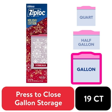 Ziploc® Brand Holiday Storage Gallon Bags, 19 Count, Reusable, Easy Open Tabs, Secure Double Zipper, Non-Slip Texture, Limited Edition, Festive Holiday Designs