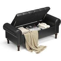 Gelloan Storage Ottoman Bench for Bedroom,Upholstered Bedroom Bench with Rolled Arms and Rivets, Storage Chest for Living Room,Black,51 Inches