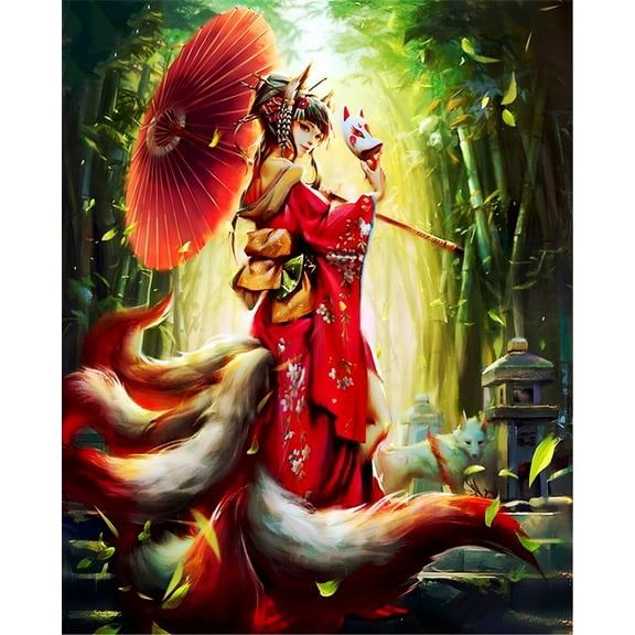 Paint by Numbers Kit for Adults -Japanese Fox Girl Dancer - Beginner DIY Color by Number Set on Canvas Acrylic Oil Paintings Crafts, Gifts, Home Wall Decor (12 X 16 inches)-