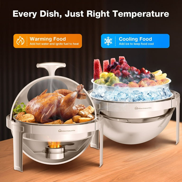 Warmounts Roll Top Chafing Dish Buffet Set, 6 Qt Round Stainless Steel  Chafer with Glass Window, Buffet Servers Food Warmers with Pans and Fuel  Holders for Party Wedding, Parties, Banquet 