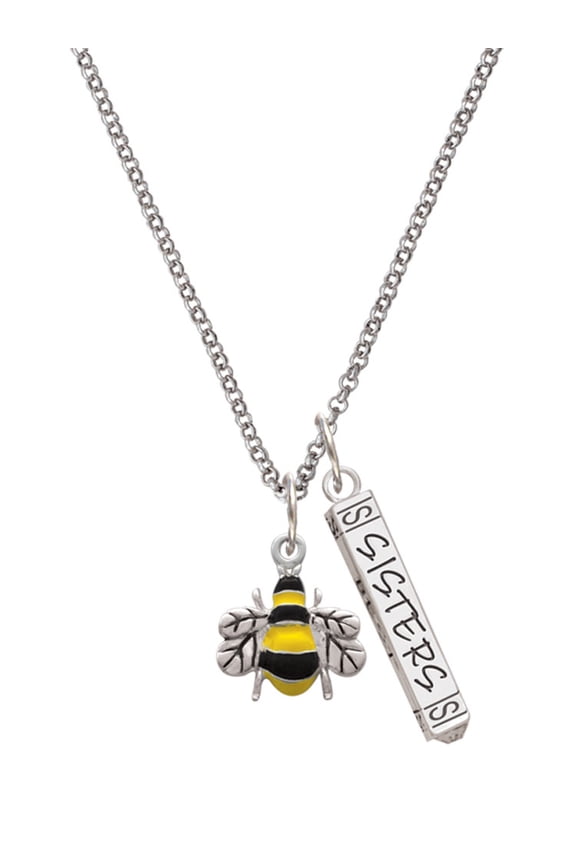 Silvertone Enamel Bee Silvertone Sisters Best Friends Forever Bar Charm Necklace, 23"