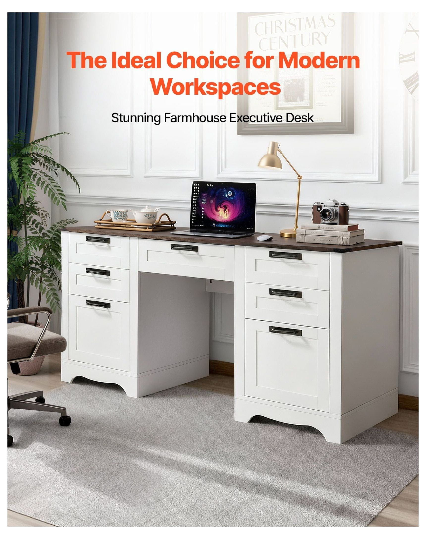 Executive Desk with Charging Station, Farmhouse Office Table