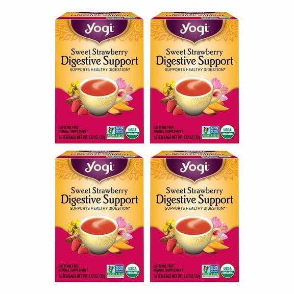 Yogi Tea Sweet Strawberry Digestive Support - 16 Tea Bags per Pack (4 Pack) - Organic Turmeric Tea Bags - Digestive Support Tea - Includes Turmeric Root, Black Pepper, Strawberry, Mango & More
