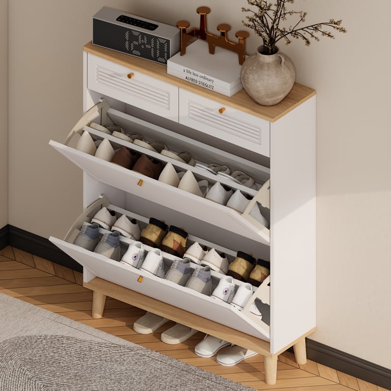 Lisonu Slim Shoe Cabinet, White & Natural Wood. 2 Flip Doors & 2