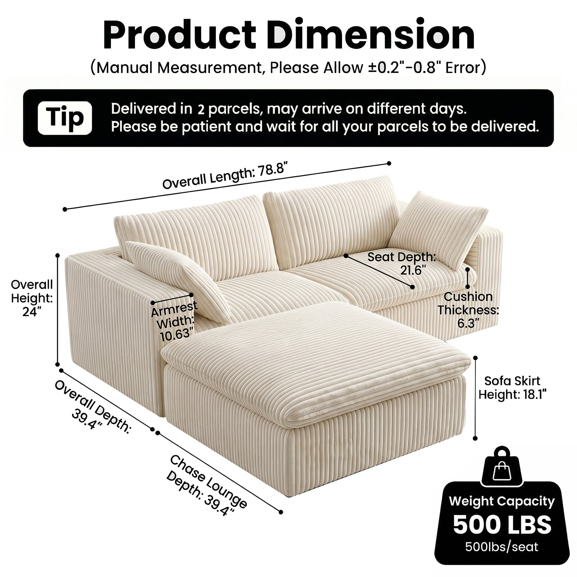 Eyisean 78.8" Corduroy Cloud Loveseat Couch with Ottoman, 2 Seater Comfy Boneless Couch with Throw Pillow, Removable Cushion, Lounge Sofa in a Box, Modular Sectional Sofa for Living Room, Bedroom