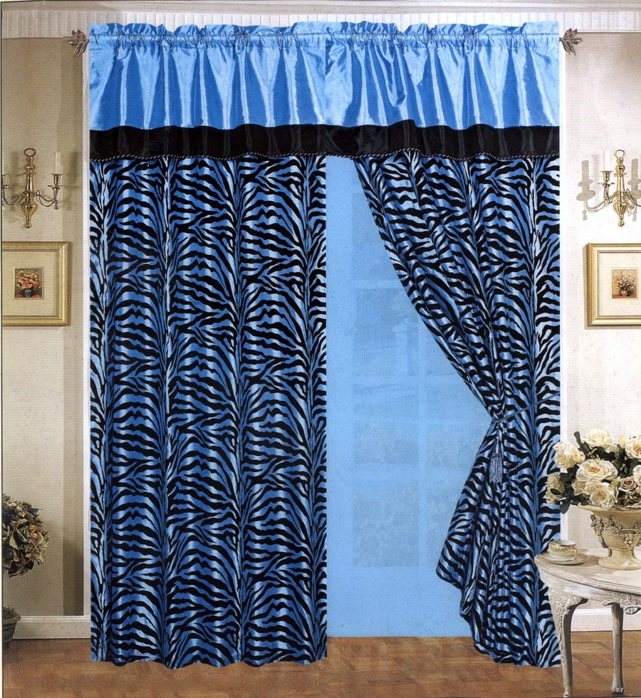 Light Blue & Black Zebra Flocking Curtain Window Panel 4Piece Set With