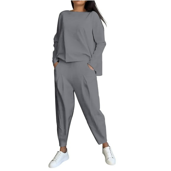 cfhntfmh Plus Size Outfits for Women Casual Long Sleeve Crewneck Soft Solid Color Sweatshirt Trendy Long Pants Fall Sets