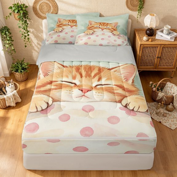 Manfei Watercolor Sleeping Kitten Zipper Twin Comforter Sets with Fitted Sheet and 2 Pillowcases, Cute Cat Art Zipper Bedding Set, Cream Pink Green, Gray Reversible, 4 Pieces