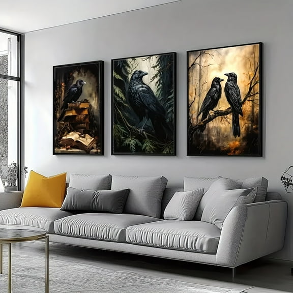 3pcs Gothic Crow Canvas Art Set - Dark Print, Suitable for Comfortable Home and Cafe Decor, Ideal for Living Room, Bedroom, Bar, Frameless